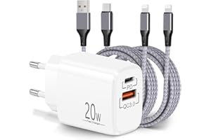 ARCCRA Szybka Ładowarka iPhone i Kable, Zasilacz USB-C 20W i 2x Kabel Lightning 2m, Wtyczka Typu-C 2-Portowa (PD/QC), Gniazdo Type-C, Kompatybilny z iPhone 14/13/12/Pro/Max/Plus/mini/11/SE/XS/XR/X/8