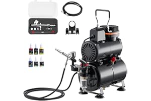 VEVOR Kit de Aerógrafo con Compresor de Aire 1/6 HP Compresor de Aerógrafo de Doble Acción con 3 Boquillas, Manguera, 4 Pinturas Acrílicas, Kit de Pintura para Decoración de Tartas, Maquetas, Uñas