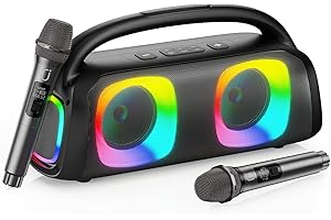 JYX Karaoke con microfono, Altavoz Bluetooth Karaoke Profesional, Sonido Estéreo Potente, 2 microfonos inalambricos 30M, TF/USB/AUX, Luces RGB, Batería de Larga Duración