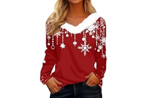 GÉNÉRIQUE Pull Moche De Noel Femme,Chemise Noel Femme Col V Fourrure Manches Longues Christmas Mode Original Tunique Drole Moche Chic Lumineux Tee Shirt