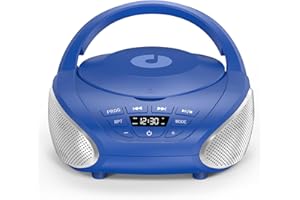 Gueray Tragbarer CD-Player Boombox Kompakt-Radio mit Stereo-Lautsprechern UKW-Radio 3,5-mm-AUX-Eingang, Kopfhöreranschluss und LCD-Display für Innenräume Outdoor Reisen & Hörbücher (Blau + Silber)
