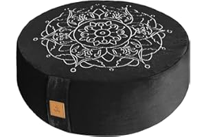 FELIZMAX Embroidered Meditation Pillow D=41cm H=14cm Round Velvet Meditation Cushion Yoga Bolster Floor Pouf Zafu Natural Buckwheat hulls Sitting on Floor Removable Organic Cotton Cover Large Kneeling Pillow