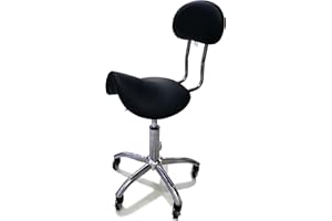 Crisnails® Taburete de Peluquería, Silla de Peluquería, Asiento de Material Cuero Sintético y Diseño Ergonómico, Altura Regulable, Giratorio 360º y Base Estable con 5 Rueditas, Color Negro