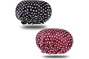 ZARRS Gorros de Ducha Reutilizables,2 Pack Impermeables Gorro de Baño Doble Capa Mujeres Gorros de Pelo Elásticos para Dama Mujer Ducha SPA Salon Lunares Rojos Negros Grande