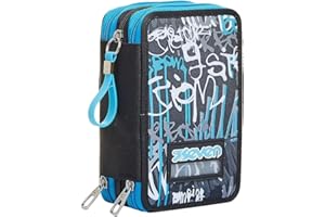 Seven Federmäppchen, Mäppchen, mehrfarbig, Federtasche für Schreibwaren, Etui mit Stiften, Kugelschreiber, & mehr, 3 Fächer, Mädchen & Jungen, Schule - Grundschule, XXL HANDWRITTEN schwarz/weiß