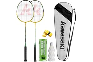 A1 TAAN Kawasaki Badminton Racket Set of 2, Graphite Shaft Alloy Frame Lightweight Badminton Rackets for Training, Sports and Entertainment, with 3 Badminton shuttlecock, 2 Overgrips and 1 Bag