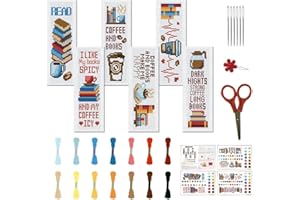 FREEBLOSS Juego de 6 marcapáginas de punto de cruz para cafetería con patrones de café y libros, kit de bordado con instrucciones (idioma español no garantizado), kit de marcapáginas para regalo para
