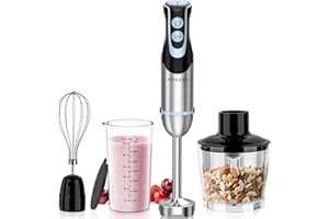 FRESKO Frullatore a Immersione 4-in-1, 1000 W Minipimer Immersione in 304 Acciaio Inossidabile, con 12 Velocità e Modalità Turbo, Antispruzzo Design, Include Misurino, Tritatutto e Frusta (HB3302)