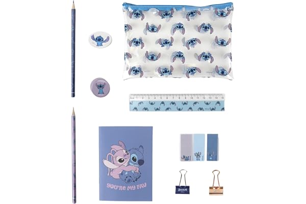 Disney Lilo et Stitch Lot de papeterie comprenant un crayon, une règle, cahier A6, gomme, taille-crayon, des notes adhésives, clips, crayon couleur, multicolore, Classic, (D-LS-00347)