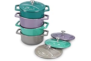 Navaris 4 Mini Cocotte Monoporzione Ghisa - Set Pirofile - Pirofila Microonde - Pentola da Forno - Ciotola con Coperchio - Cocottine - Ciotole Crema Catalana - per Zuppa di Cipolle