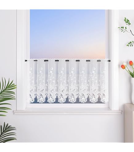 Visillo Bordado Con Hojas - Velo Blanco 60x140 Cm Para Cocina O Ventana Corta