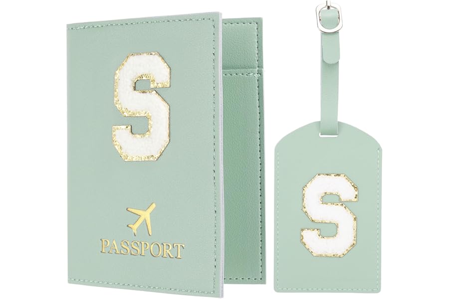 PATIKIL Passport Holder for Travel, Initial Passport Cover and Luggage Tag Set with Alphabet Chenille Letter Patch Travel Wallet Bag Suitcase Identifier for Women Family Travel Green S