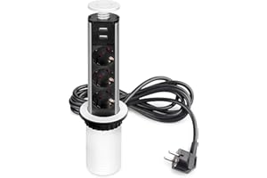 Emuca - Regletas Enchufe encastrable, Regleta multienchufe retráctil, 3 enchufes EU y 2 Puertos USB, Torre de enchufes Vertical empotrable para encimera, Pintado Blanco, Plástico y Aluminio