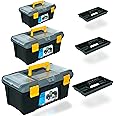 ZENO 3 pc Plastic Toolbox Organiser Set | 10'' 13'' 16'' Inch Tool Boxes Plastic Portable Tool Box | Toolbox Organiser w/ Extra Storage Tray for Home Tools | Nails and Pins | Utility Toolbox, Black