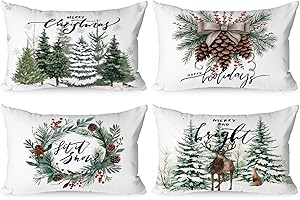 Lanpn Zestaw 4 szt. Świąteczne poszewki na poduszki lędźwiową 30 x 50 cm, Poszewka na poduszkę Dekoracyjna do zimowe wakacje salonu sypialni sofy łóżka dekoracje świąteczne (Wieniec i Las i Szyszki)
