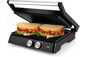 Pukomc Kontaktgrill, 1800W Contact Grill Plattengriller mit Antihaftbeschichtung, 60 Minuten Timer, 180º Öffnung，Sandwiches、 Steak und als Panini grill