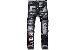 Kdtoll Jeans Uomo Slim Fit Strappati - Pantaloni in Denim Elasticizzati con Strappi, Stile Hip-Hop Streetwear Y2K, Disegno a Spruzzo D'inchiostro, Design Casual alla Moda per Tutte Le Occasioni