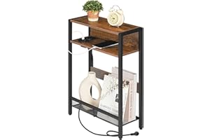 CHOEZON Mesa Auxiliar Estrecha, Mesita de Sofá con Base de Carga, Mesilla de Noche Estrecha, Mesita de Centro con 3 Niveles, Sala de Estar, Marrón Vintage DTBZ05CBF