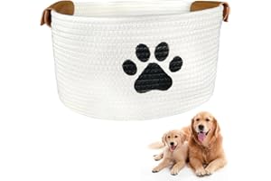 Jonuin Dog Toy Basket, 34 x 24 x 21cm Dog Toy Box, Cotton Rope Basket with Handle, Dog Toy Storage Bin, Dog Basket for Organizing Pet Puppy Cat Toys, Dog Toy Basket for Living Room Bathroom (White)