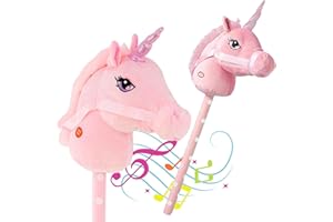The Magic Toy Shop Pink Unicorn Hobby Horse on a Stick with Galloping and Neighing Sounds for Kids - Soft Handle, Holding Strap, Ride on Unicorn Plush Soft Toy for Girls and Boys