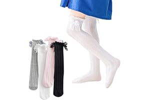JUPSK 4 Paar Mädchen Kniestrümpfe Schulsocken mit Schleifen Spitze Baumwollstrümpfe Bunte Lange Weiß Schwarz Grau Rosa Socken Dünne Mesh Sommer für Kleinkinder Kinder 4-10 Jahre