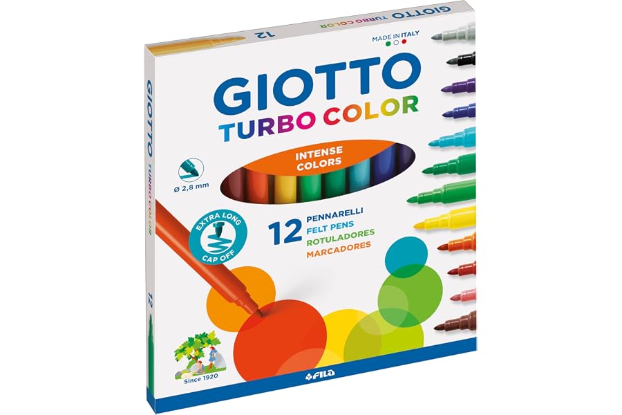 GIOTTO Turbocolor, Rotuladores, Punta Fina, Punta 2.8mm, Colores Surtidos, 12 unidades