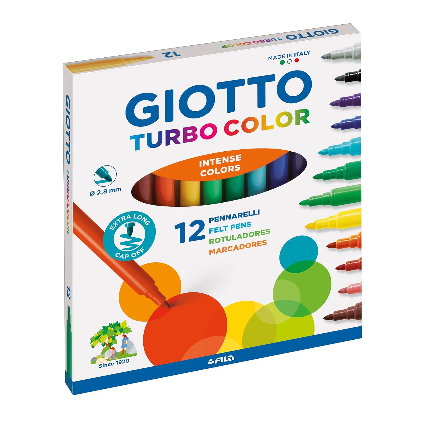 GIOTTO Turbocolor, Rotuladores, Punta Fina, Punta 2.8mm, Colores Surtidos, 12 unidades