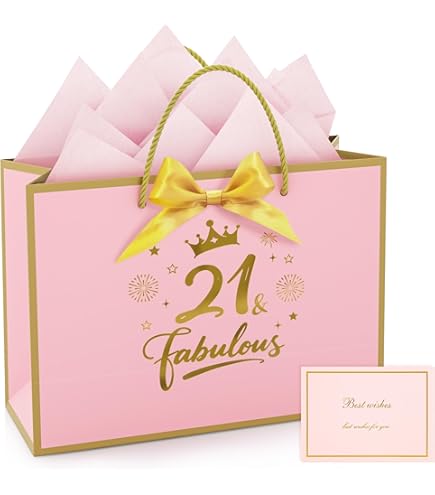 Pink Fabulous 21st Birthday Gift Bag With Greeting Handles And Ribbon For Girls 21 Year Old Birthday Gift Wrapping Bag For Party Favors Goodie Wrapping Bag Decorations Supplies