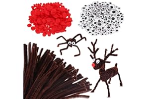 Fowecelt Brown Pipe Cleaners Reindeer - 700pcs Christmas Reindeer Craft Kit Include 280 Brown Pipe Cleaners 140 Red Pom Poms Noses and 280 Sticky Googly Eyes