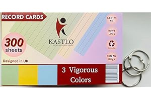 KASTLO 300 Pcs Ruled Index Coloured Flash Cards Revision (7.5x12.5cm) - Two-Sided Lined Revision Flash Cards Coloured - Record Cards & Cue Cards - Study Office Large Flashcards Revision School Learning Memo