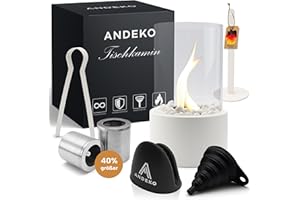 ‎ANDEKO ANDEKO Bioethanol Tischkamin Original Tischfeuer | Regulierbarer Ethanol Kamin inkl. weiße Dekosteine und XXL Brennkammern | Bio Ethanol Tischkamin Indoor & Outdoor | Bioethanol Kamin | Tisch Kamin