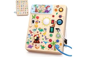 KONIJIWA Dinosaur Giochi Montessori 1 anno per Bambini Montessori Busy Board Giochi Legno con 10 Interruttori e 23 luci LED Giochi Sensoriali Giocattolo sensoriale di apprendimento Adatto per 1 2 3 4 anni