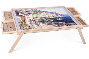 Ruication Jigsaw Puzzle Table Wooden Jigsaw Table Folding Tilting Rotating Puzzle Board With Leg Non-Slip Pad Surface for 1000 pieces 4 Sliding Drawers Storage For Adults Kids Children Boy Girl Gift