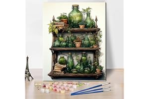 TISHIRON Malowanie według liczb, dla początkujących, pełne starych szklanych butelek i różnych roślin, kolorowa tablica, zestaw drewnianych regałów do dekoracji ściany domu, 40 x 50 cm