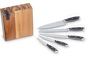 ECHTWERK Blok na noże/zestaw noży kuchennych z drewna akacjowego z antypoślizgowymi gumowymi nóżkami, w zestawie zintegrowana ostrzałka do noży, noże ze stali ostrza, 6-częściowy