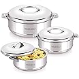 WARMEO Steam Insulated Stainless Steel Casseroles| Easy to Carry Hot Boxes for Kitchen | Hot Food, Easy to Store| Silver| Set of 3 (500,1000,1500ml)