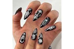 YANZEFEI Halloween Fake Nails,24pcs Medium Long Full Black Moon Punk Fake Nails,Halloween Press on Nails,Acrylic French Stick on Nails with Glue, Full Cover Fake Nails (All Black Moon Punk)