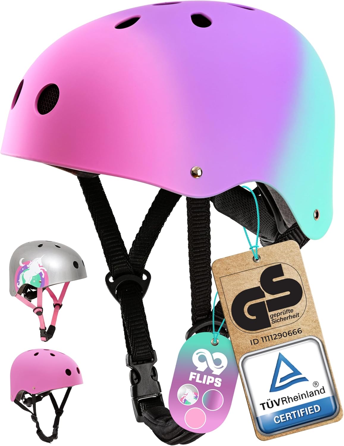 99FLIPS Casco Patines Niña de 3 a 12 años en 3 Colores - Casco Bici Niña para Monopatin, Patines en Línea y Patines de Ruedas - Casco Bicicleta Niña - Diseño de Unicornio