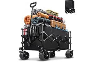 LANMOUNTAIN Folding Festival Trolley Cart,Portable 220L Wagon on Wide Wheels w/Adjustable handle&Drink Holders,Supports 120Kg Heavy Duty Collapsible Camping Cart for Beach,Garden,Outdoor Picnic