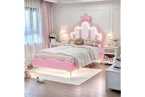 FEEOHOME Lit Enfant 90x200cm, Lit pour Enfant rembourré avec lumière LED réglable, pour Fille Adolescente avec tête de Fleur et sommier à Lattes, sans Matela (Rose)