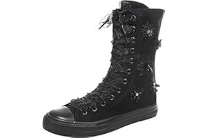 rismart Mujer Botas Lona Media Pierna Animadora Cuentas Flor Cordones Zapatos de Deporte