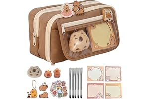 AUFQUWK Trousse À Crayons Capybara, Pochette À Crayons Multicouche de Grande Capacité Avec Porte-clés de Poupée Capybara, Autocollants, Broches, Pochette À Crayons Amovible 2 en 1 À Fermeture Éclair Kawaiis