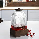 Musluklu Cam İ&ccedil;ecek Sebili 6 L Bambu Standlı &Ccedil;izgili Şerbetlik Halat Kulplu Şık Sunum Su Sebili