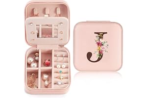SINEKONG Reise Schmuckkästchen Klein mit initialen J und Blume, Schmuckaufbewahrung für Damen PU-Leder, Mini Schmuckschatulle Schmuckkasten für Damen Mädchen Geschenk für Geburtstag, Weihnachten, Muttertag