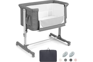RELAX4LIFE 3 in 1 Culla Neonato Fianco Letto, Culla da Campeggio con Materasso e Cinghia Fissaggio, Regolabile In Altezza 5 Posizioni, Borsa per il Trasporto, per Bambini 0-6 Mesi (Grigio Chiaro)