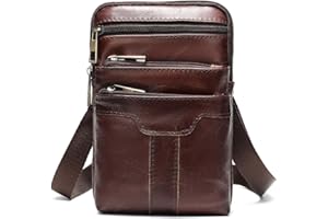 MEANFL Leather Cell Phone Shoulder Bag Men, Cell Phone Waist Bag Leather Men, Small Vertical Leather Shoulder Messenger Bag Travel Crossbody Pack Belt Clip Holster Wallet Chest Bag for Cell Phone/Mini Tablet