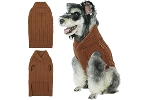 Lelepet Pull de Noël à col châle en tricot torsadé pour petits chiens, chiots – Pull en tricot tricoté – Tenue de Thanksgiving – Yorkshire Bichon Shih Tzu, marron, taille S