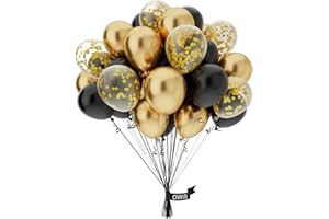 OWill 50 Pcs Black and Gold balloons and Confetti 10 Inch Black Gold Latex Balloons for Party, Birthday, graduation decorations(Black Gold Confetti)