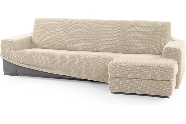 FAVERTI® Funda Super Elástica Chaise Longue Brazo Corto Derecho (Visto de Frente) | Modelo NOVELE | Beige | Protector de Calidad de Tejido Jacquard Tacto algodón