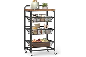 VASAGLE Carrito de Almacenaje de 4 Niveles, con Cestas Extraíbles, Estante de Cocina con Ruedas y Asa, 31,7 x 40 x 76 cm, Marrón Rústico y Negro Tinta LRC040K01